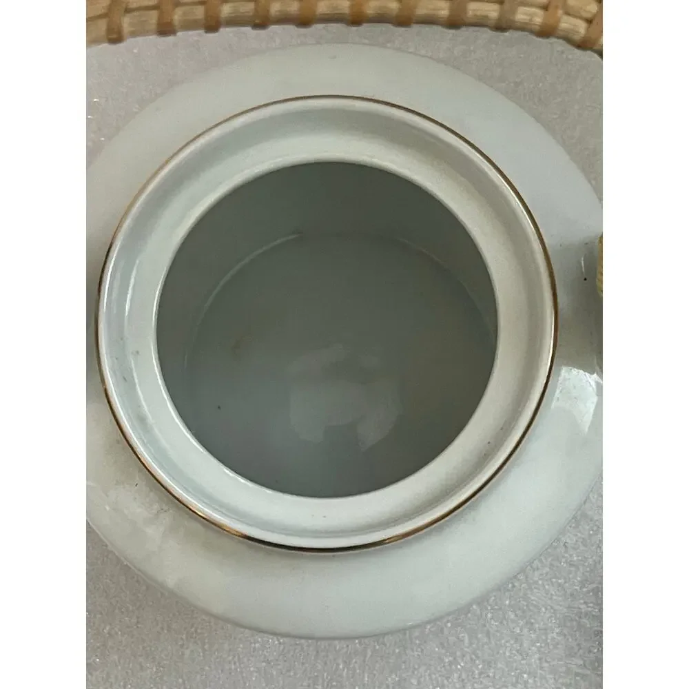 Vintage Japan Teapot with Bamboo Handle and 5 Tea Cups Blue Flowers